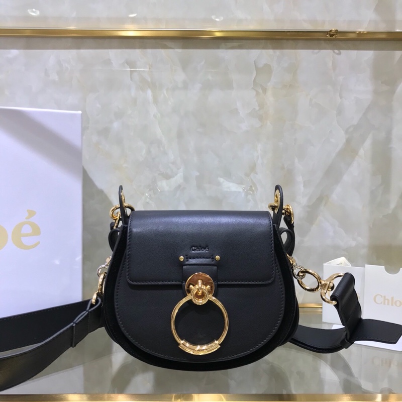 Chloe Small Tess Shoulder Bag In Black Shiny Calfskin Leather